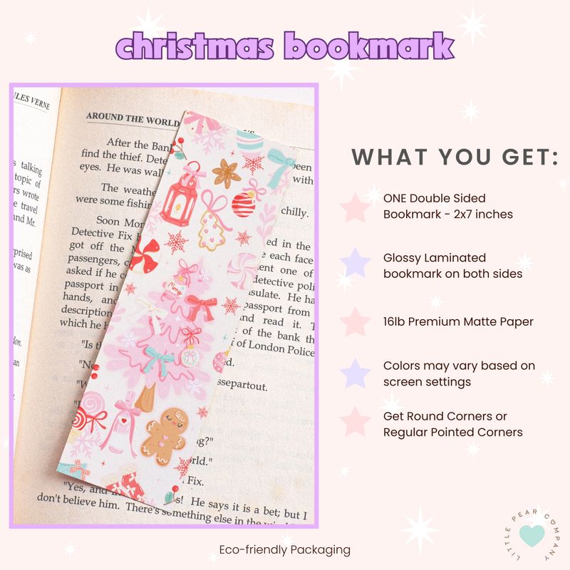 Pink Christmas Bookmark 2x7, Cute Pink Winter Book Accessory, Pink Coquette Christmas Bookmark