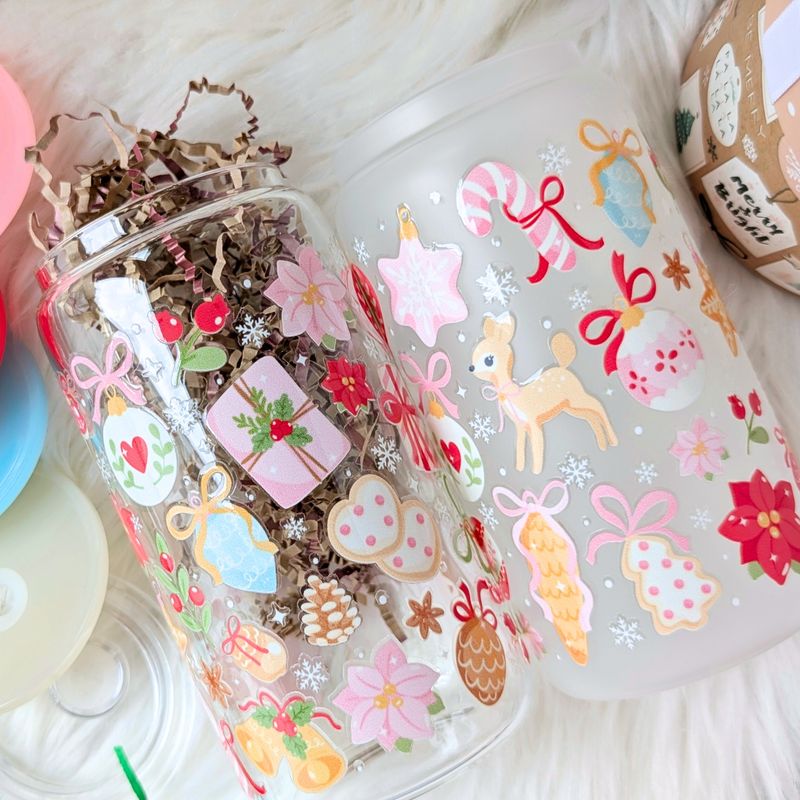 Aesthetic Christmas Holiday Glass Can Cup, Pink Winter Themed Glass Tumbler, Pink and Red Kawaii Cup