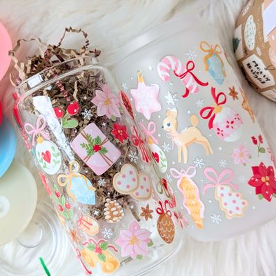 Aesthetic Christmas Holiday Glass Can Cup, Pink Winter Themed Glass Tumbler, Pink and Red Kawaii Cup