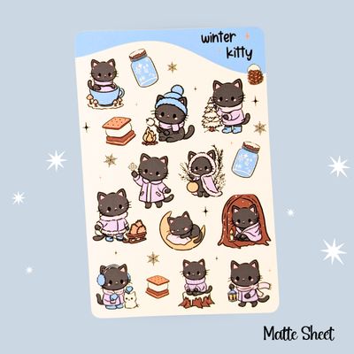 Winter Kitty Sticker Sheet, Cute Black Cat Stickers, Cat Planner/Journal Stickers