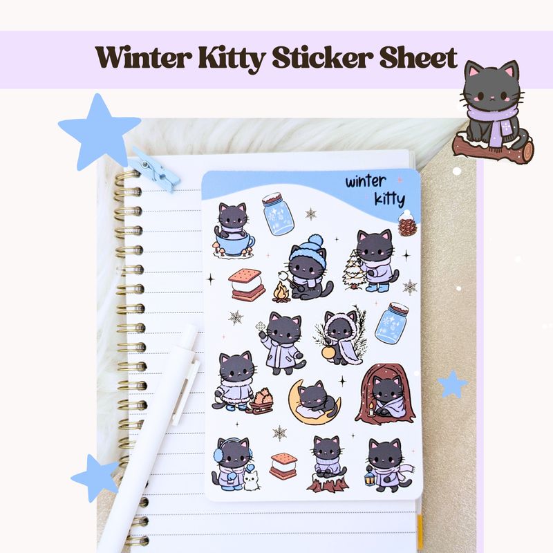 Winter Kitty Sticker Sheet, Cute Black Cat Stickers, Cat Planner/Journal Stickers