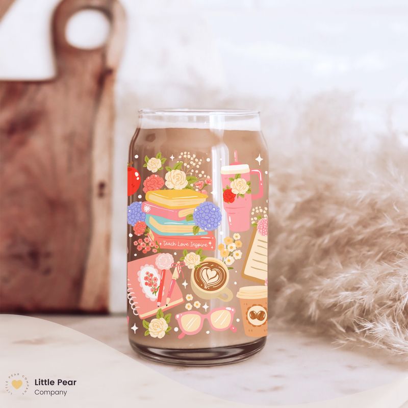 Aesthetic Teacher Glass Can Cup with Acrylic Lid and Straw, Cute Teacher Cup Gift