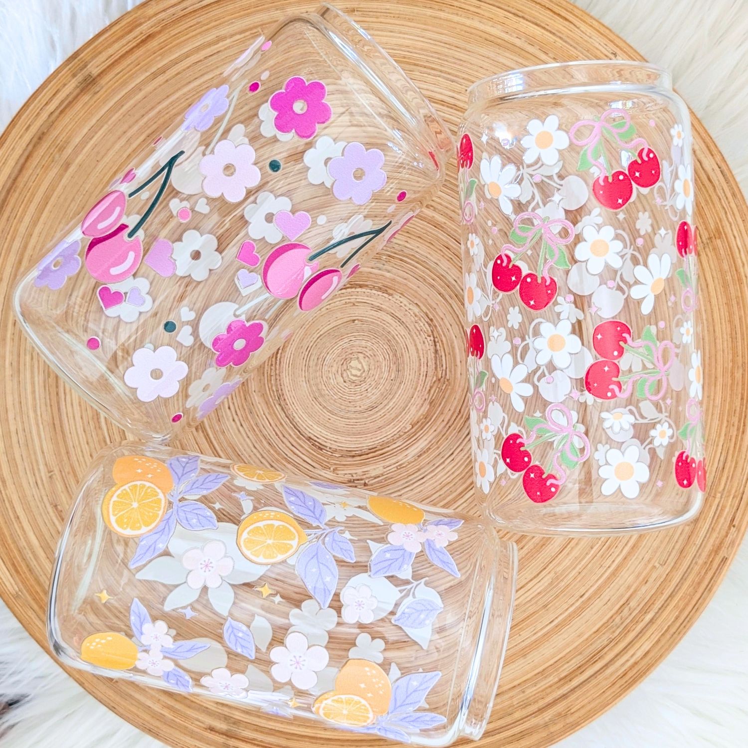 Cute Fruity Floral Glass Cups with Acrylic Lid and Straw