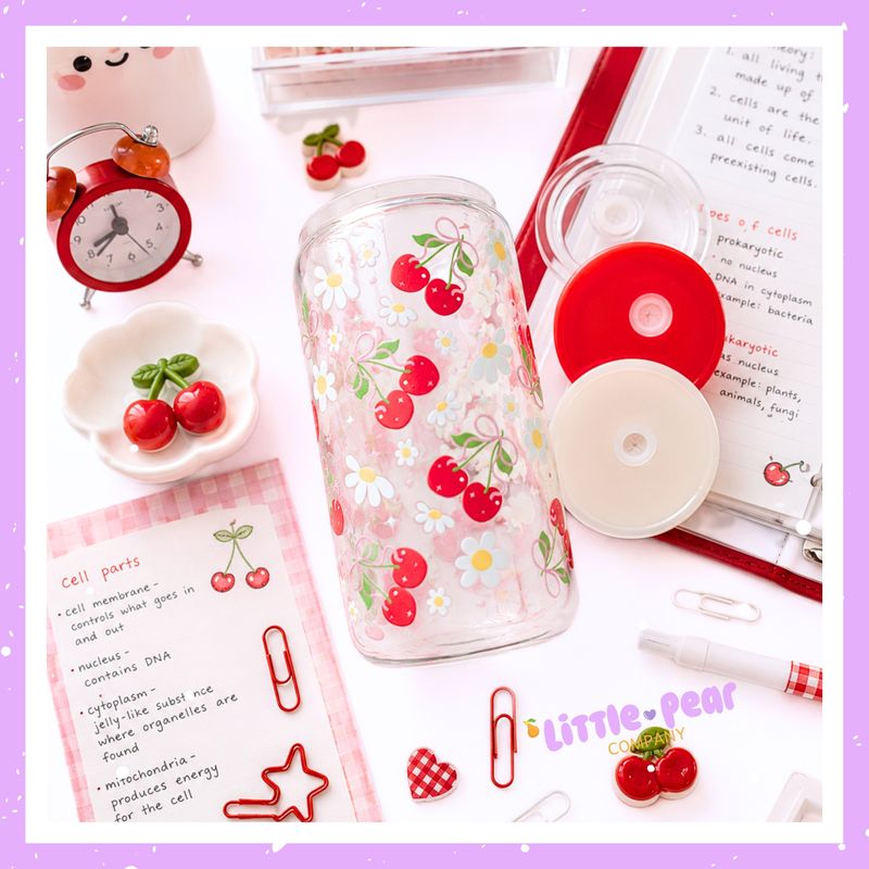 Cute Fruity Floral Glass Cups with Acrylic Lid and Straw