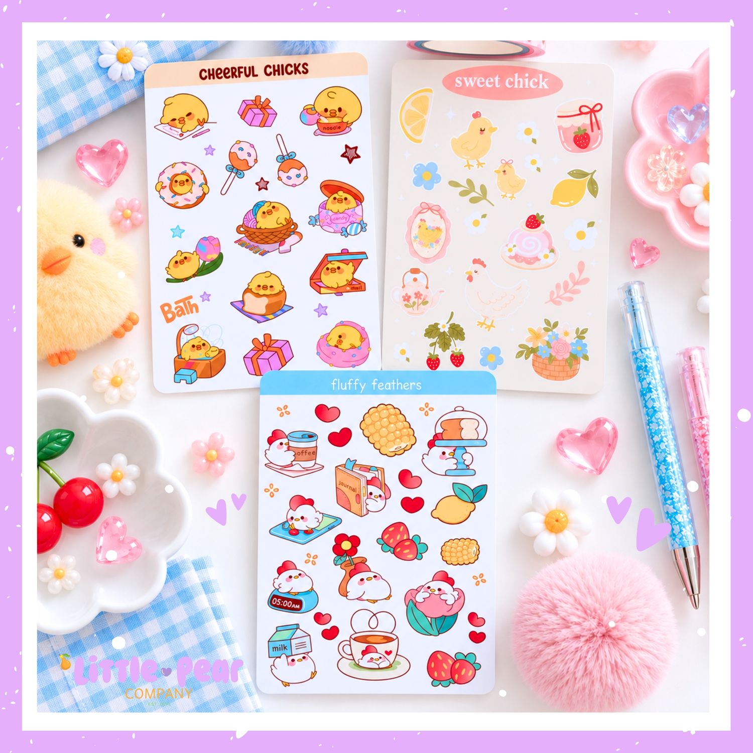 Cute Chicken Sticker Bundle - 3 Kawaii Sticker Sheets for Journaling, Planners + Happy Mail
