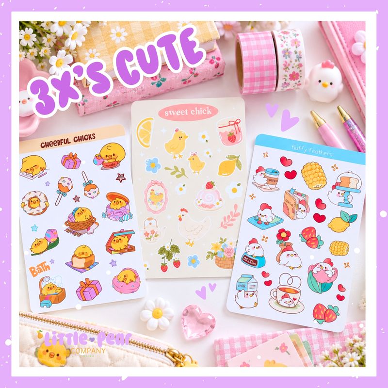 Cute Chicken Sticker Bundle - 3 Kawaii Sticker Sheets for Journaling, Planners + Happy Mail