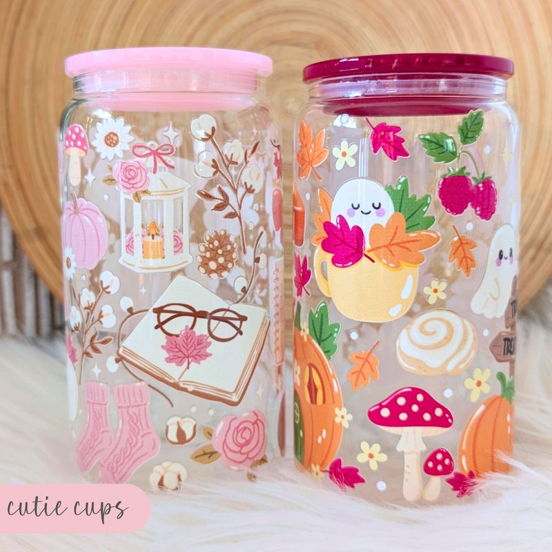 Cute Autumn Halloween Glass Can Cups for Coffee, Tea, or Matcha Drinks