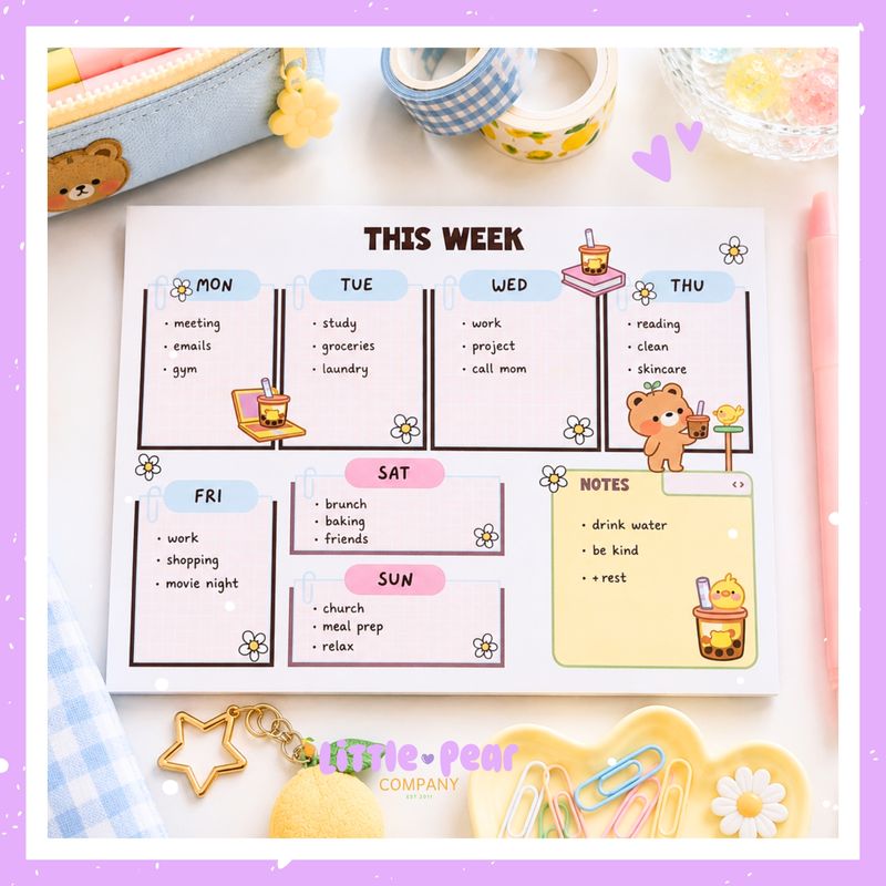 Cute Boba Bear Weekly Notepad - 5.5 x 8.5 Magnetic Weekly Notepad