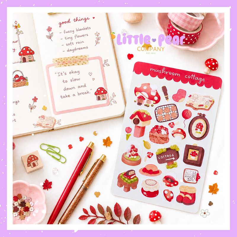 Mushroom Cottage Sticker Sheet, Fall Kawaii Stationery, Cozy Autumn Stickers