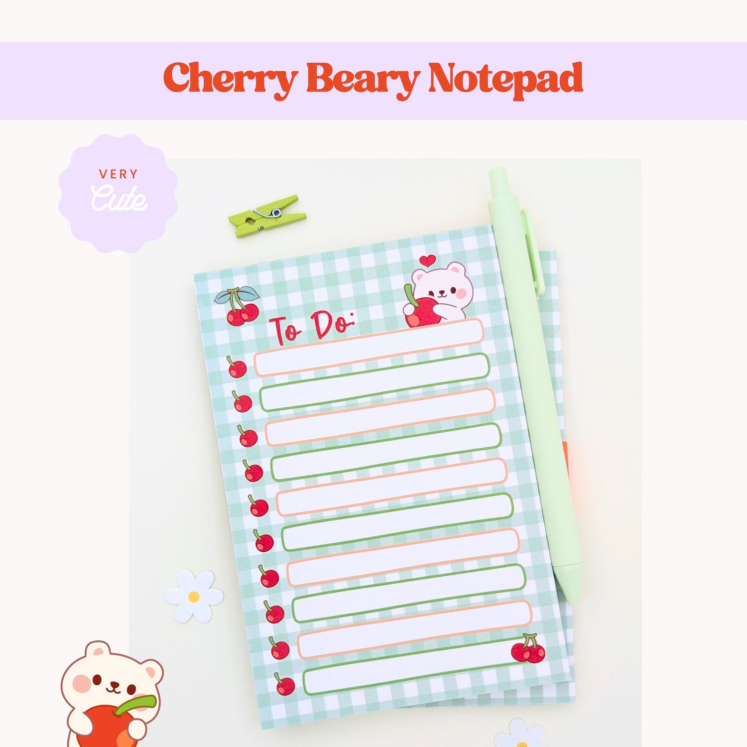 Cute Cherry Beary Bundle, Cute Kawaii Bear Stickers and Notepad