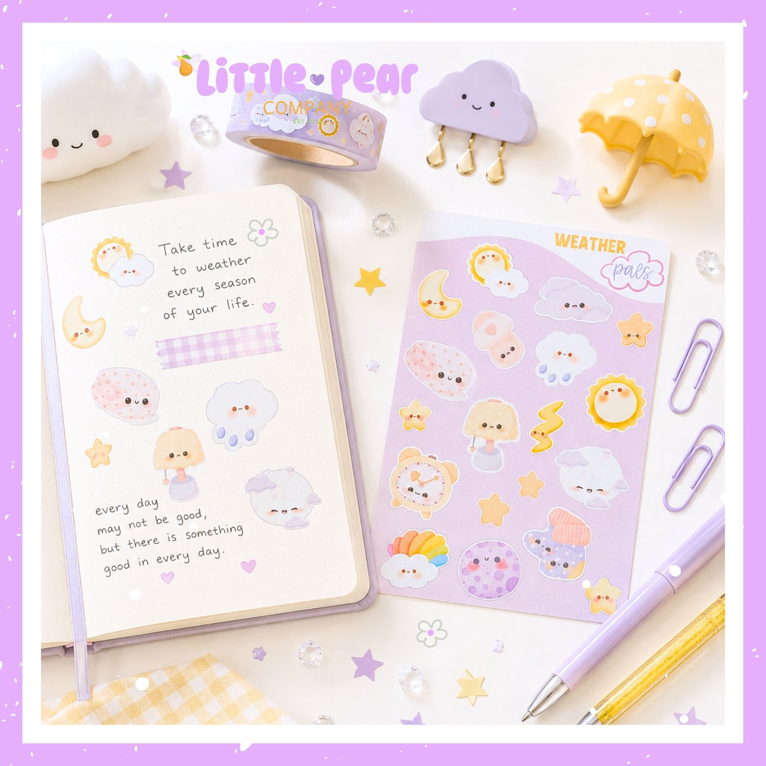 Cozy Weather Stickers, Kawaii Clouds Stars Sun Moon Sticker Sheet