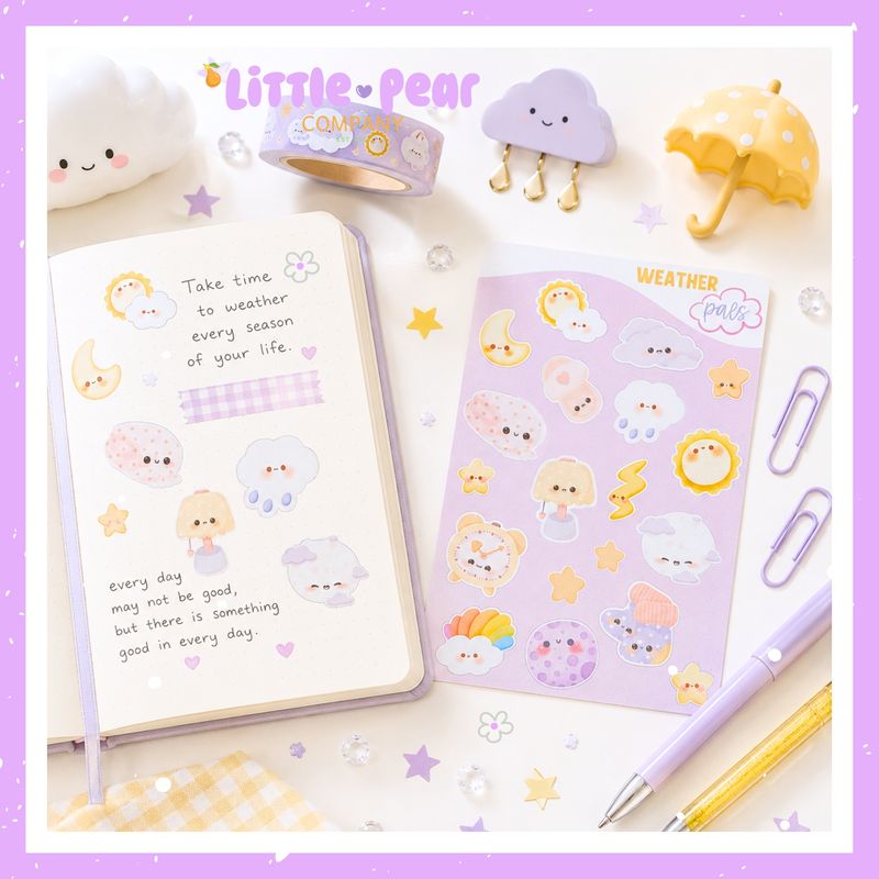 Cozy Weather Stickers, Kawaii Clouds Stars Sun Moon Sticker Sheet