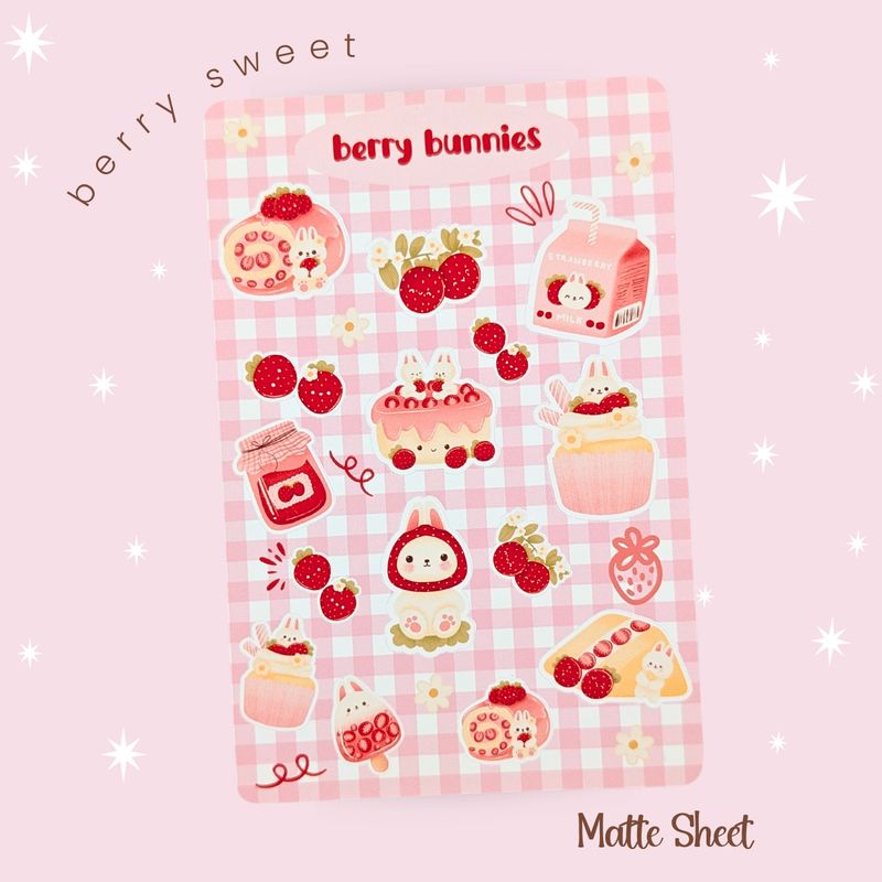 Berry Bunny Sticker Sheet, Kawaii Strawberry Rabbit Stickers, White Rabbit Themed Stickers