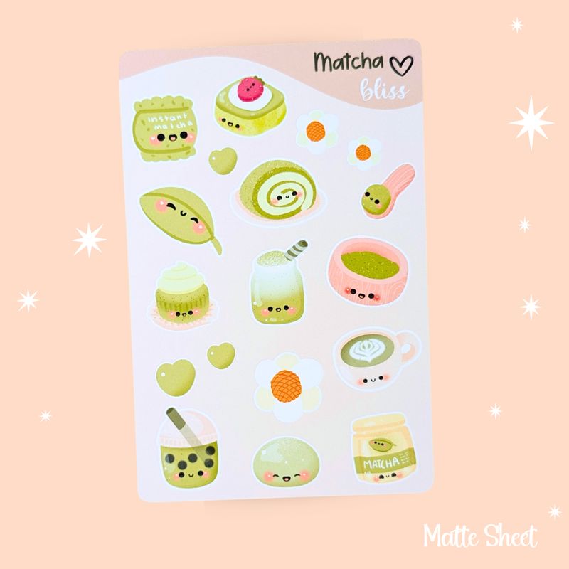 💚 Kawaii Matcha Sticker Sheet, Cute Matcha Stationery Stickers