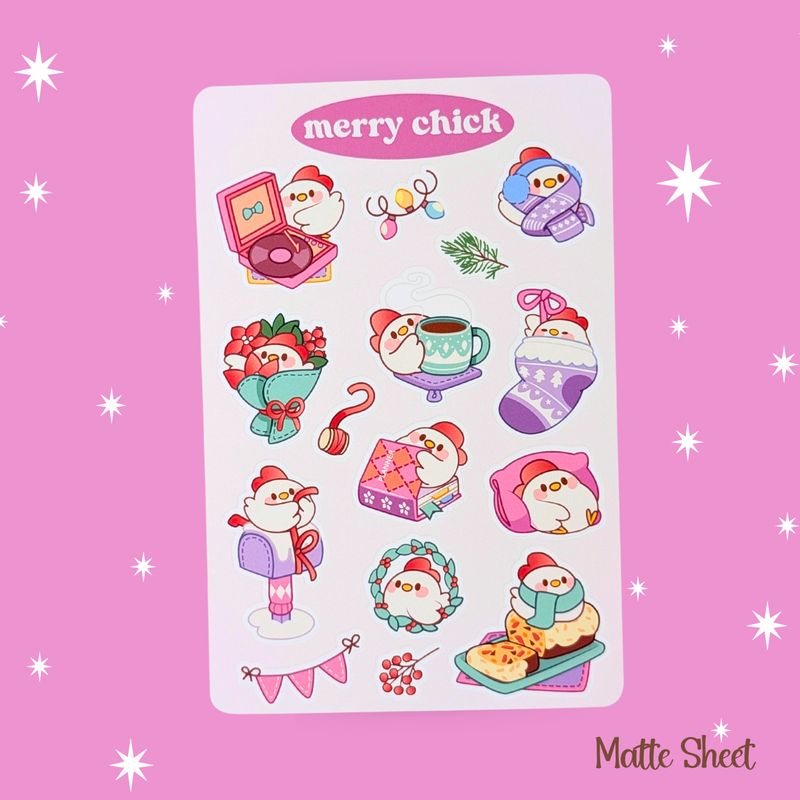 Merry Chick Sticker Sheet, Christmas Chicken Stickers, Kawaii Styled Stationery