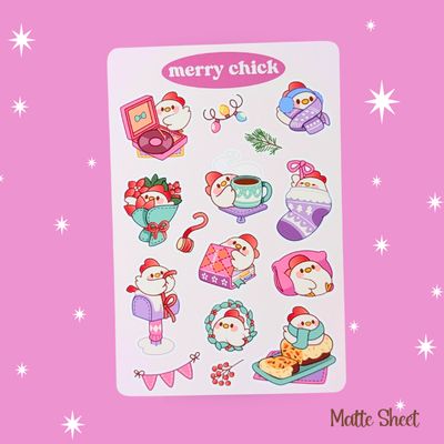 Merry Chick Sticker Sheet, Christmas Chicken Stickers, Kawaii Styled Stationery