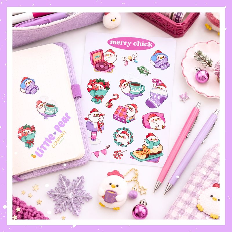 Merry Chick Sticker Sheet, Christmas Chicken Stickers, Kawaii Styled Stationery