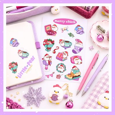 Merry Chick Sticker Sheet, Christmas Chicken Stickers, Kawaii Styled Stationery
