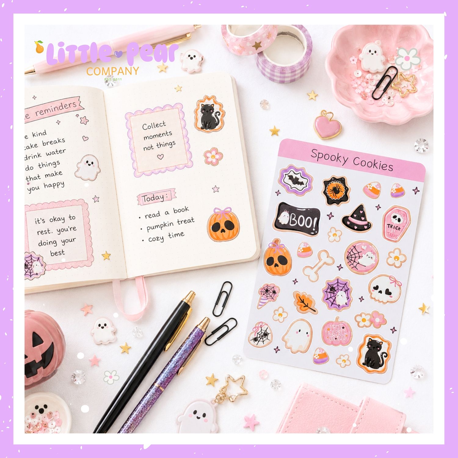 Halloween Cookie Sticker Sheet, Cute Pink Halloween Kawaii Themed Stickers, Spooky Cookie Stickers Halloween Cookie Sticker Sheet, Cute Pink Halloween Kawaii Themed Stickers, Spooky Cookie Stickers