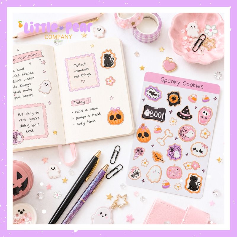 Halloween Cookie Sticker Sheet, Cute Pink Halloween Kawaii Themed Stickers, Spooky Cookie Stickers