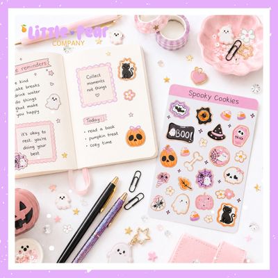 Halloween Cookie Sticker Sheet, Cute Pink Halloween Kawaii Themed Stickers, Spooky Cookie Stickers