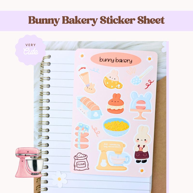 Bunny Bakery Sticker Sheet, Cute Baking Rabbit Kawaii Themed Stickers
