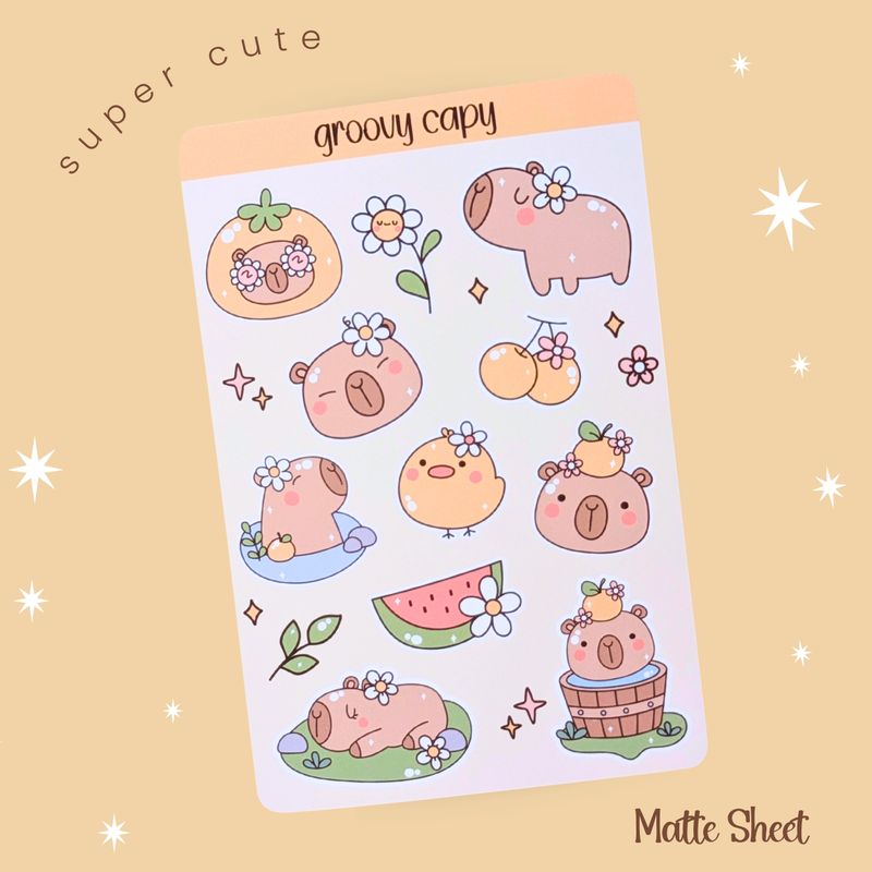 Capybara Sticker Sheet, Cute Capybara Stickers, Groovy Retro Capybara Stickers