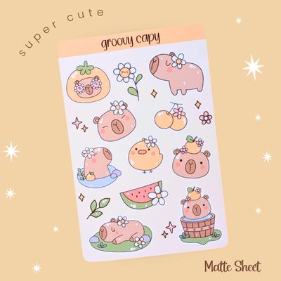 Capybara Sticker Sheet, Cute Capybara Stickers, Groovy Retro Capybara Stickers