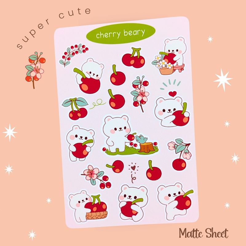 Cherry Sticker Sheet, Cute Bear and Cherry Stickers, Kawaii Stationery Stickers