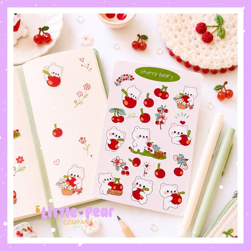 Cherry Sticker Sheet, Cute Bear and Cherry Stickers, Kawaii Stationery Stickers