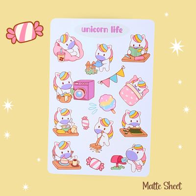 Unicorn Life Sticker Sheet, Cute Unicorn Stickers, Kawaii Themed Unicorn Matte Stickers