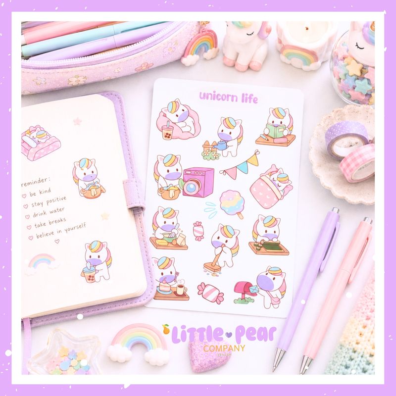 Unicorn Life Sticker Sheet, Cute Unicorn Stickers, Kawaii Themed Unicorn Matte Stickers