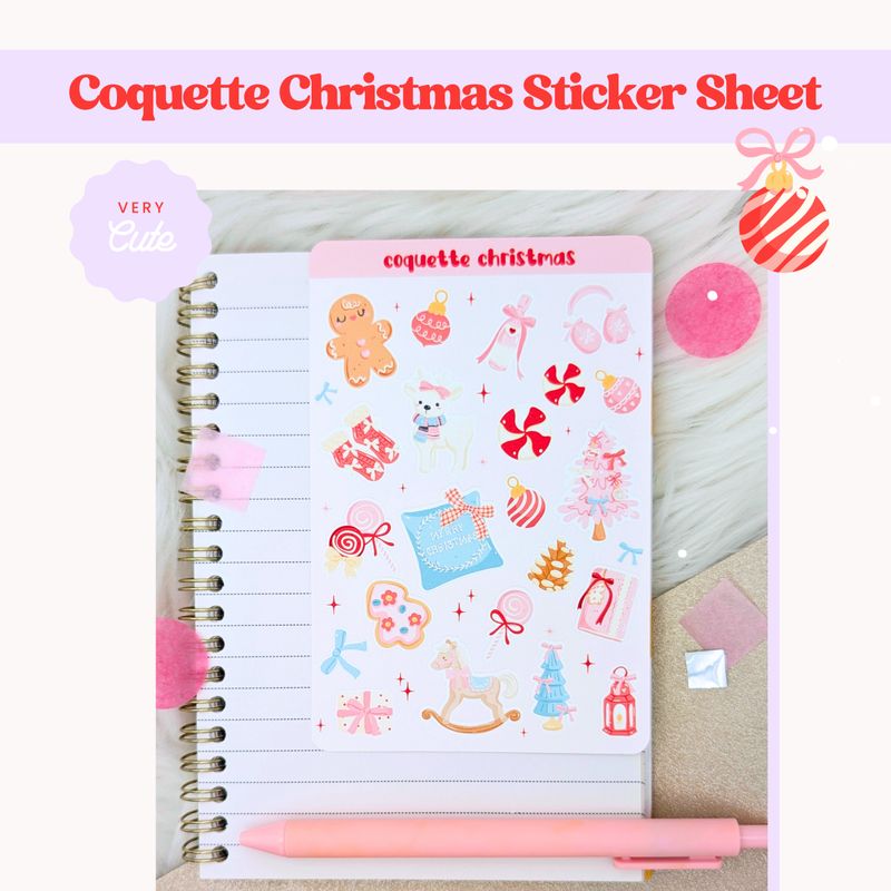 Coquette Christmas Holiday Sticker Sheet, Cute + Festive Winter Stickers
