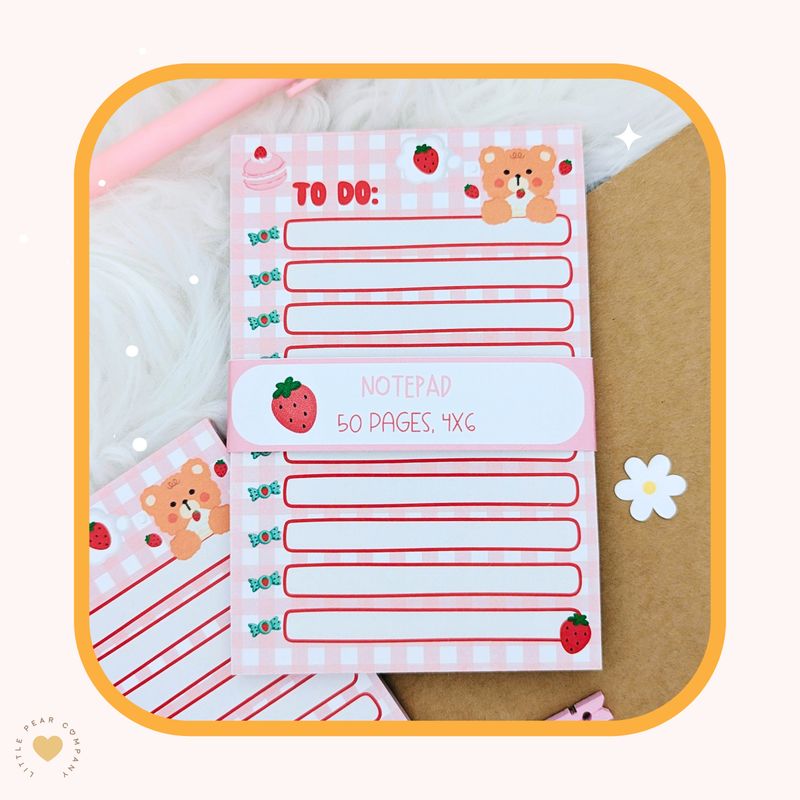 Bear Notepad, To-Do 4x6 Tear Away Memo Pad for Your Desk, Red Gingham Bear Kawaii Stationery Desk Aesthetic