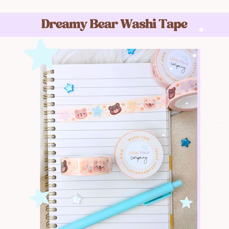 Blue Dreamy Bear Washi Tape - Adorable Kawaii Styled Washi Tape 10m - Pen Pal + Journal Decorations