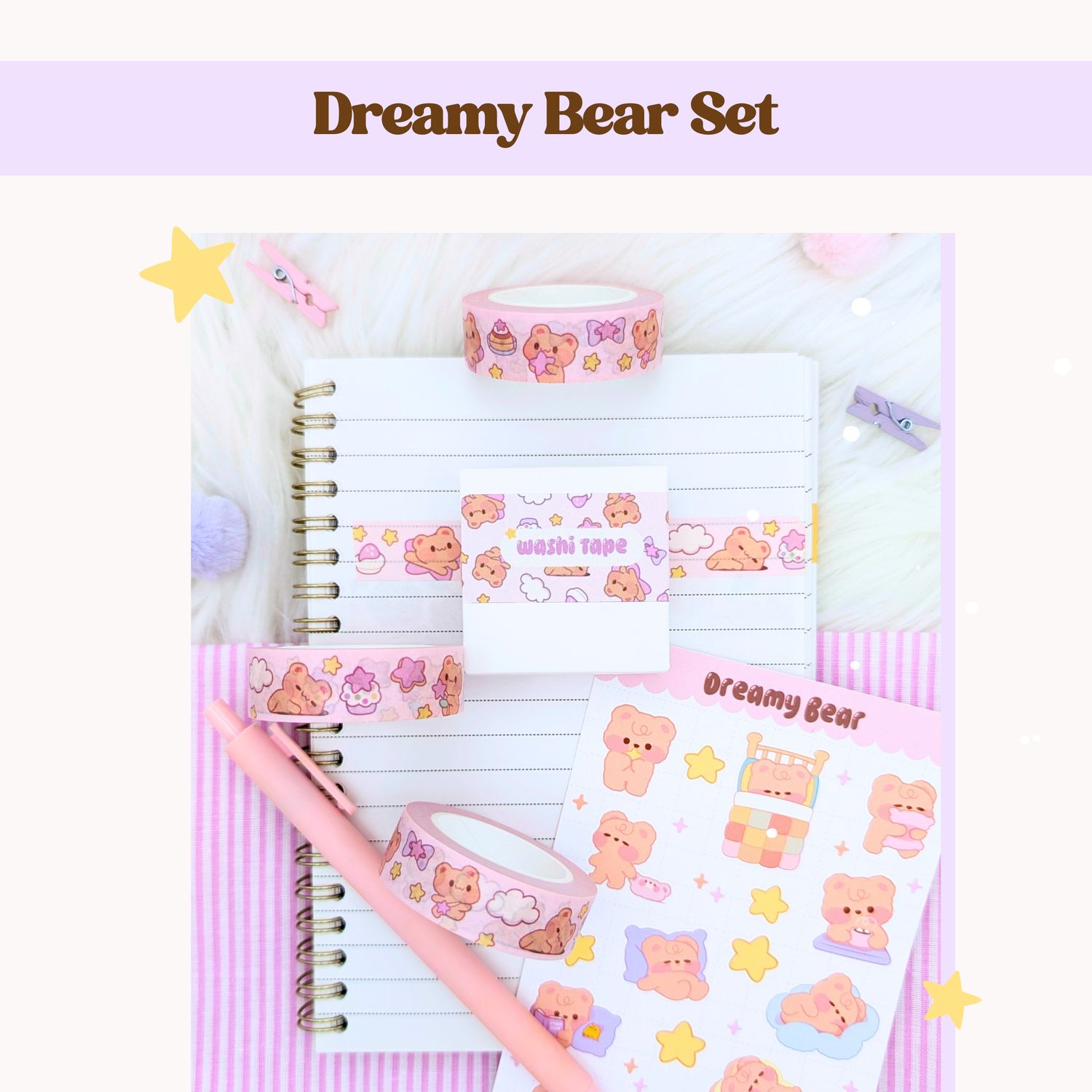 Pink Dreamy Bear Washi Tape, Cute Kawaii Washi Tape 10m - Masking Tape for Happy Snail Mail