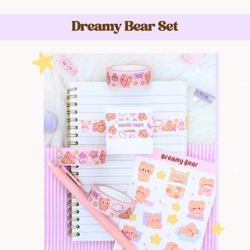 Pink Dreamy Bear Washi Tape, Cute Kawaii Washi Tape 10m - Masking Tape for Happy Snail Mail