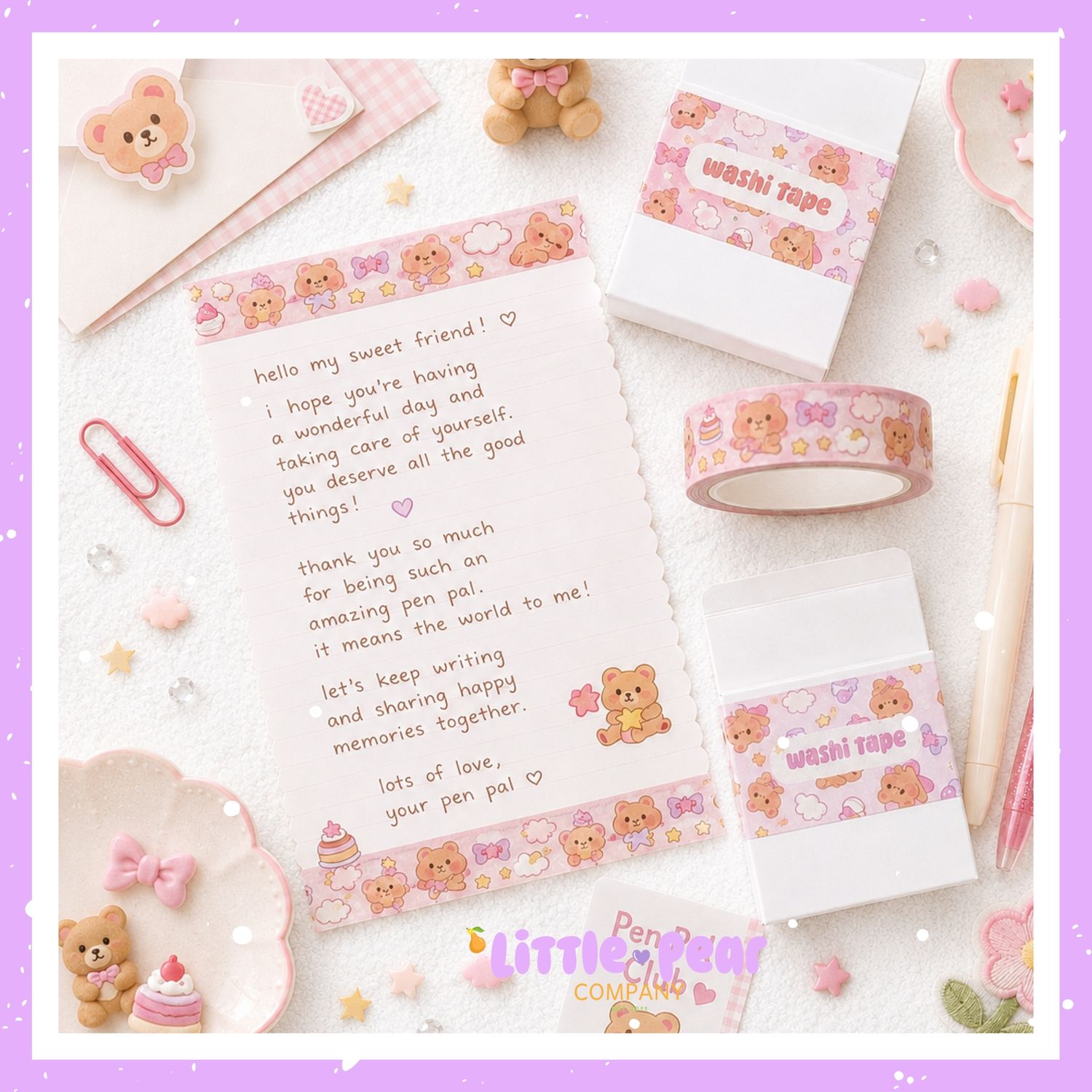 Pink Dreamy Bear Washi Tape, Cute Kawaii Washi Tape 10m - Masking Tape for Happy Snail Mail