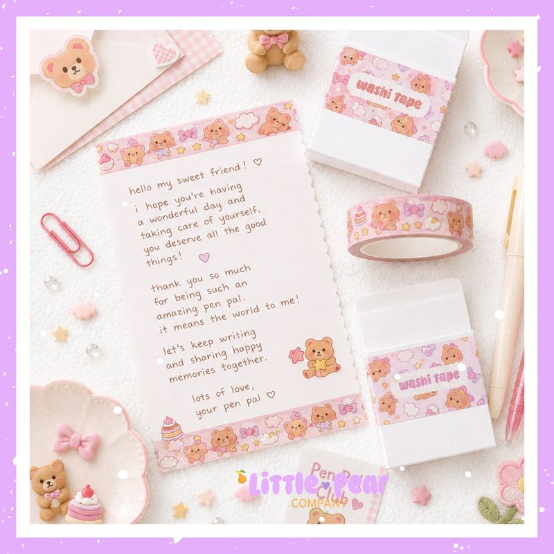 Pink Dreamy Bear Washi Tape, Cute Kawaii Washi Tape 10m - Masking Tape for Happy Snail Mail