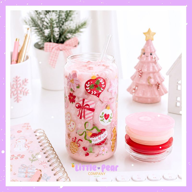 Aesthetic Christmas Holiday Glass Can Cup, Pink Winter Themed Glass Tumbler, Pink and Red Kawaii Cup