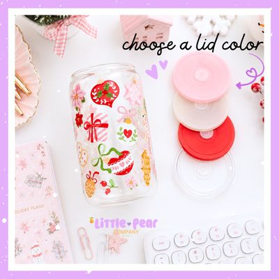 Aesthetic Christmas Holiday Glass Can Cup, Pink Winter Themed Glass Tumbler, Pink and Red Kawaii Cup