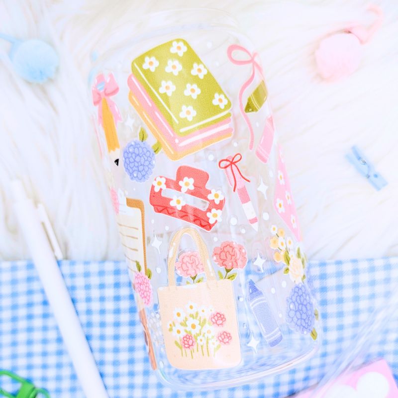 Aesthetic Teacher Glass Can Cup with Acrylic Lid and Straw, Cute Teacher Cup Gift