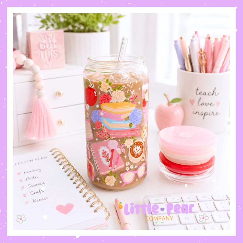 Teacher Glass Can Cup with Acrylic Lid and Straw, Cute Teacher Cup Gift