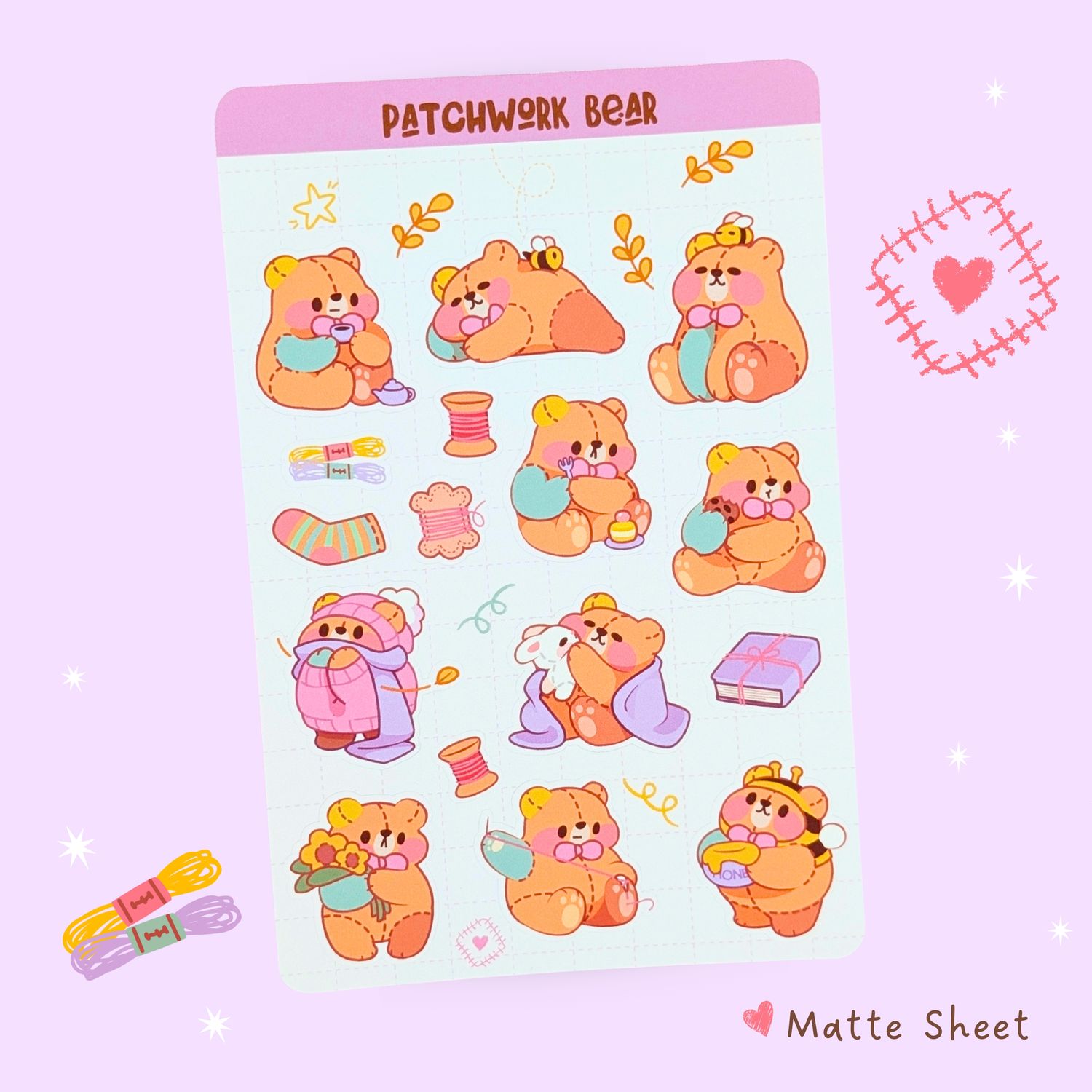 Bear Sticker Sheet, Kawaii Bear Stickers, Patchwork Teddy Bear Sticker Sheet