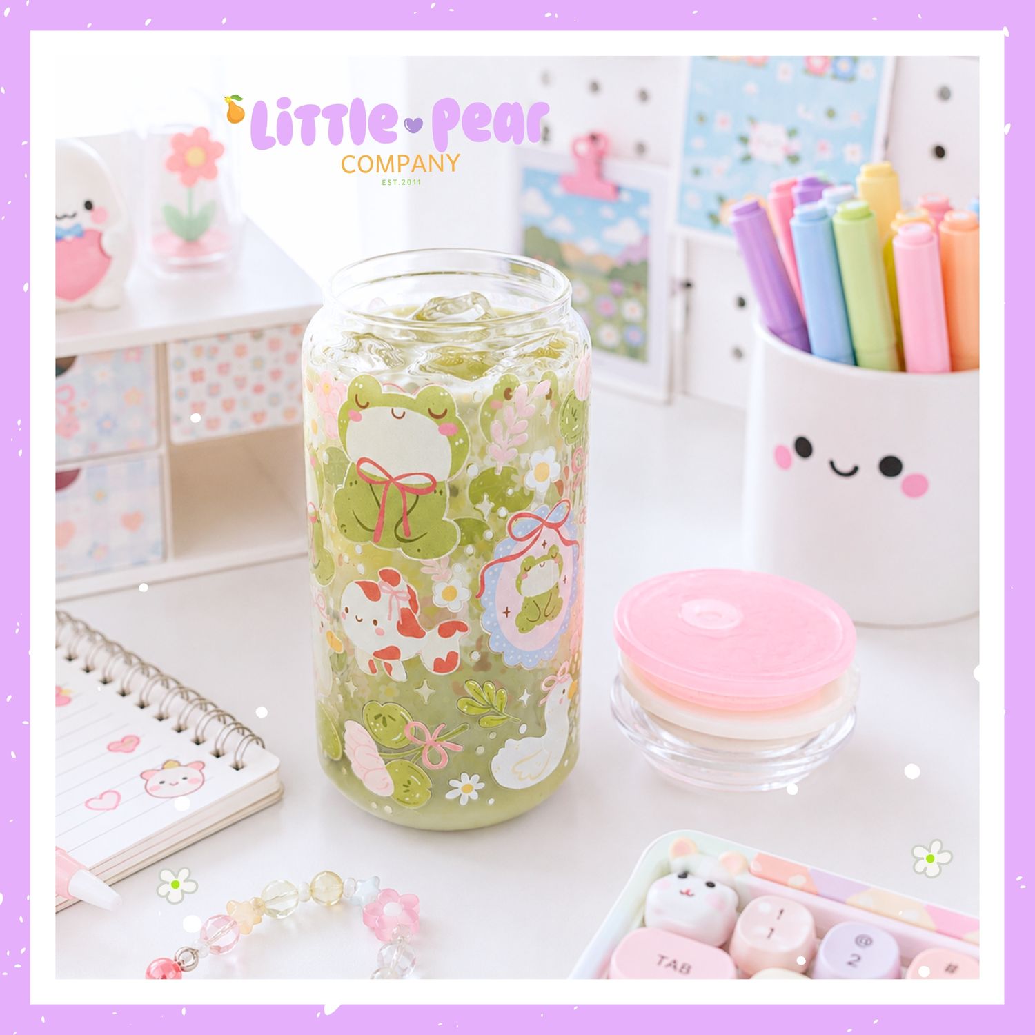Cute Frog Cup - Frog Glass Tumbler with Acrylic Lid + Straw - Glass Can Cup