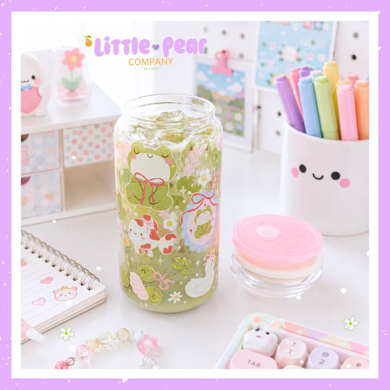Cute Frog Cup - Frog Glass Tumbler with Acrylic Lid + Straw - Glass Can Cup