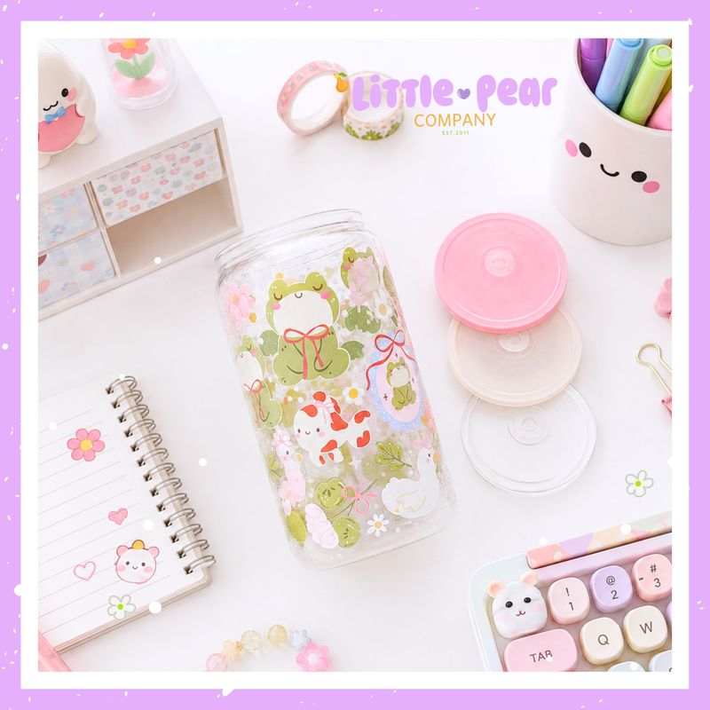 Cute Frog Cup - Frog Glass Tumbler with Acrylic Lid + Straw - Glass Can Cup
