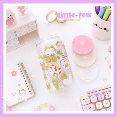 Cute Frog Cup - Frog Glass Tumbler with Acrylic Lid + Straw - Glass Can Cup