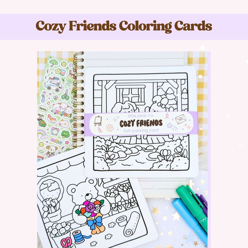 Kawaii Styled Coloring Cards - Colorful Hobby Accessory - Kid + Adult Coloring Card Set - Cozy Friends 5x5 Coloring Cards