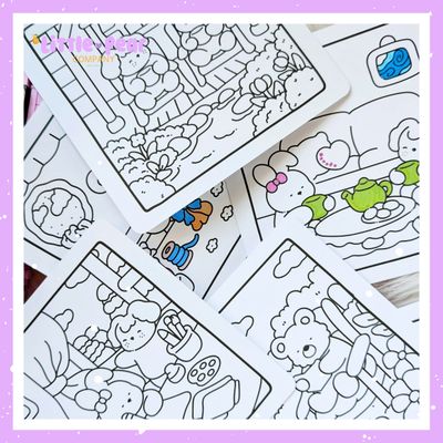 Kawaii Cozy Coloring Cards - Kid + Adult Coloring Card Set - Cozy Friends 5x5 -Cute Coloring Cards